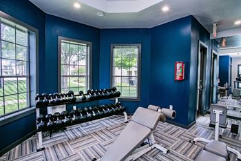a home gym with blue walls and windows